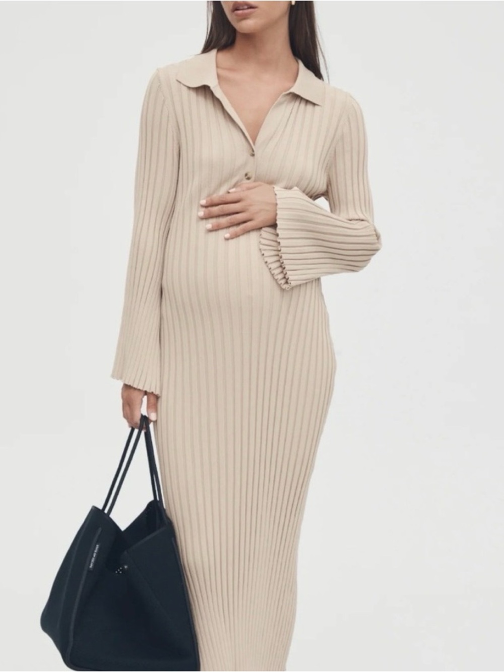 Legoe heritage Beige Ribbed Knit Collared  maternity Maxi Dress
